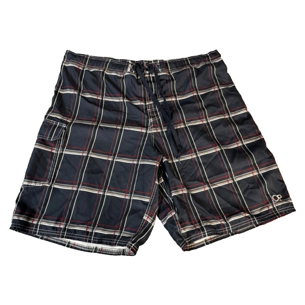 OP Men's 2XL Plaid Board Shorts Swim‎ Trunks Navy/Red/White Elastic Drawstring